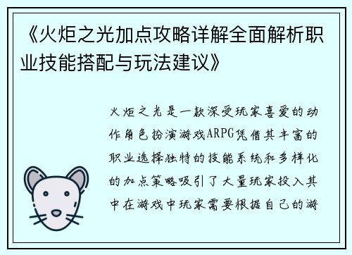 《火炬之光加点攻略详解全面解析职业技能搭配与玩法建议》