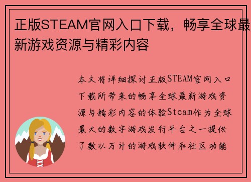 正版STEAM官网入口下载，畅享全球最新游戏资源与精彩内容