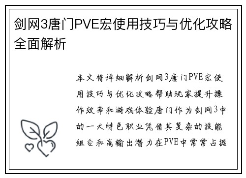 剑网3唐门PVE宏使用技巧与优化攻略全面解析